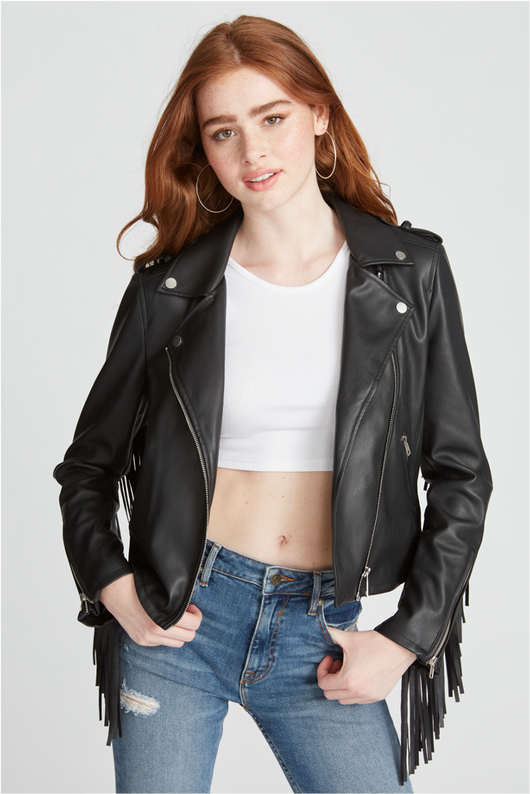 FAUX LEATHER FRINGE MOTO JACKET