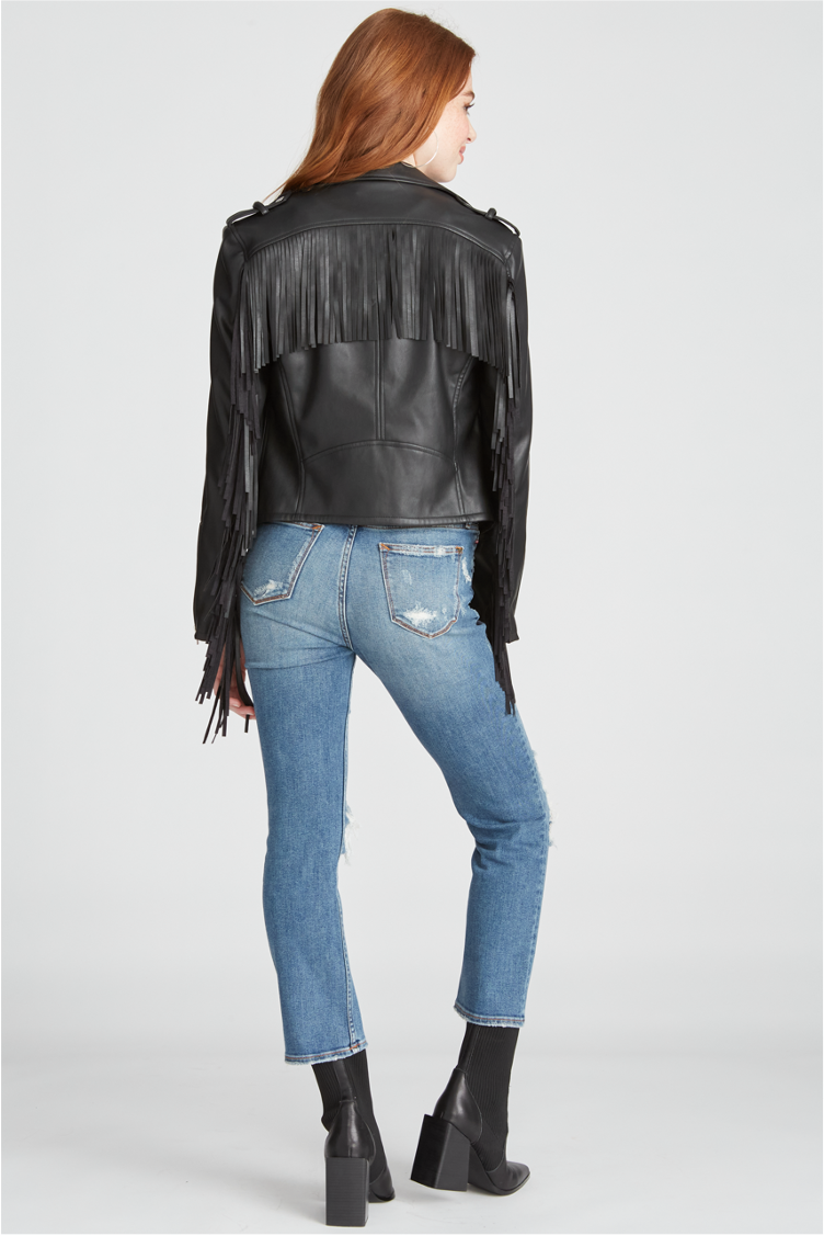 FAUX LEATHER FRINGE MOTO JACKET